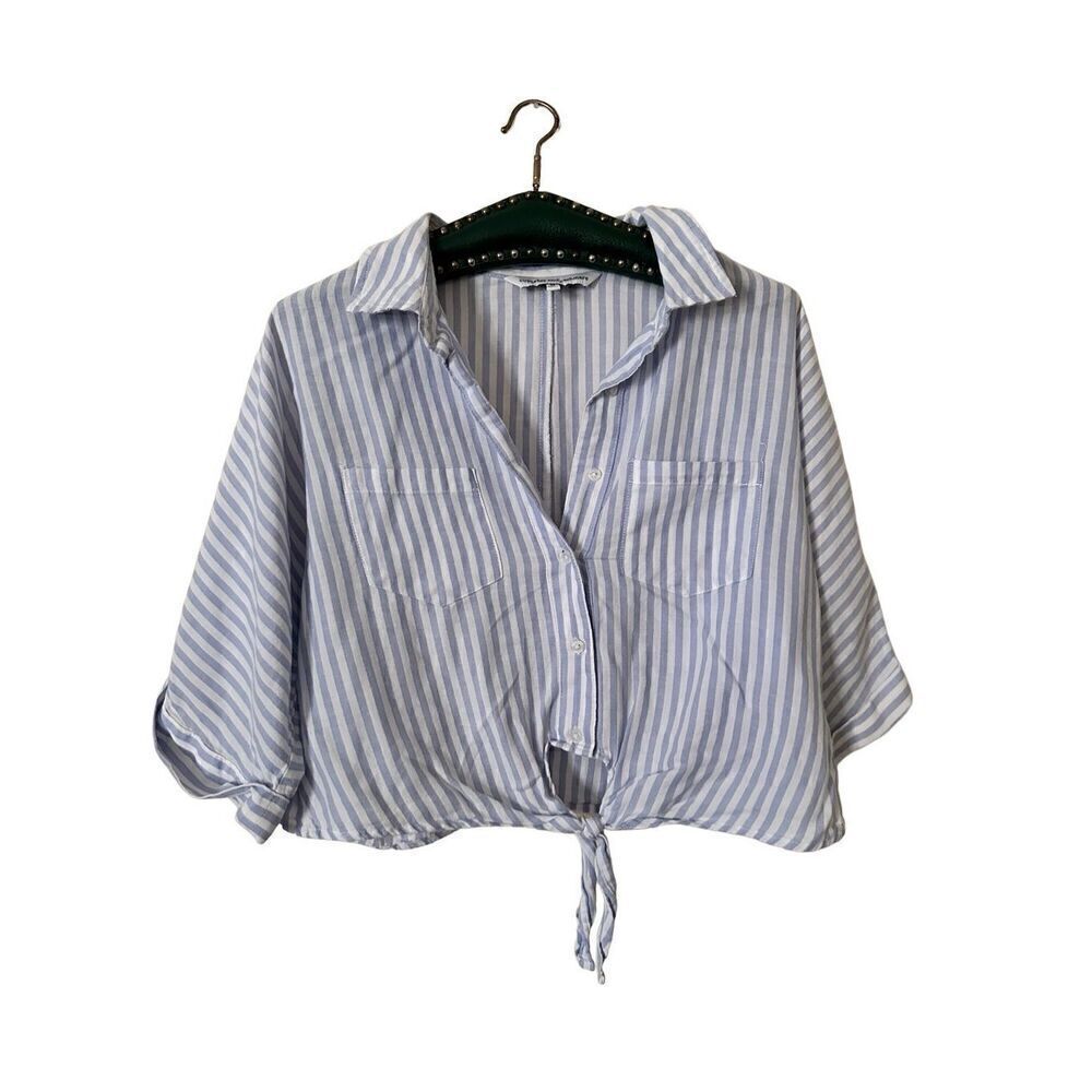 Cupcakes and Cashmere Blue & White Striped Saundra Short Sleeve Button DownTop